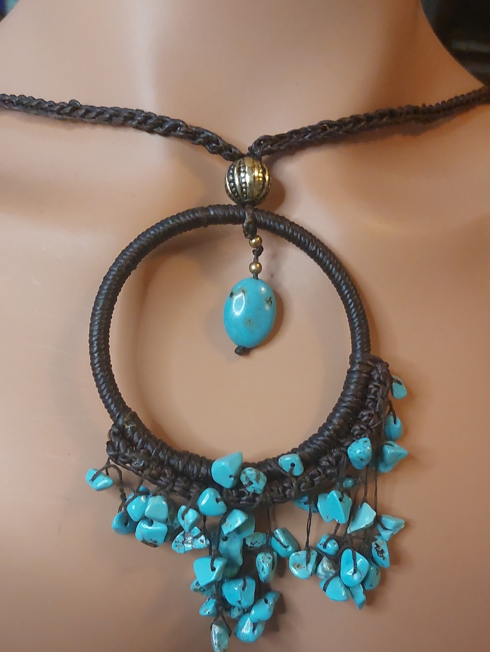 Artisan Boho Western Necklace Turquoise Dyed Howlite Macramé